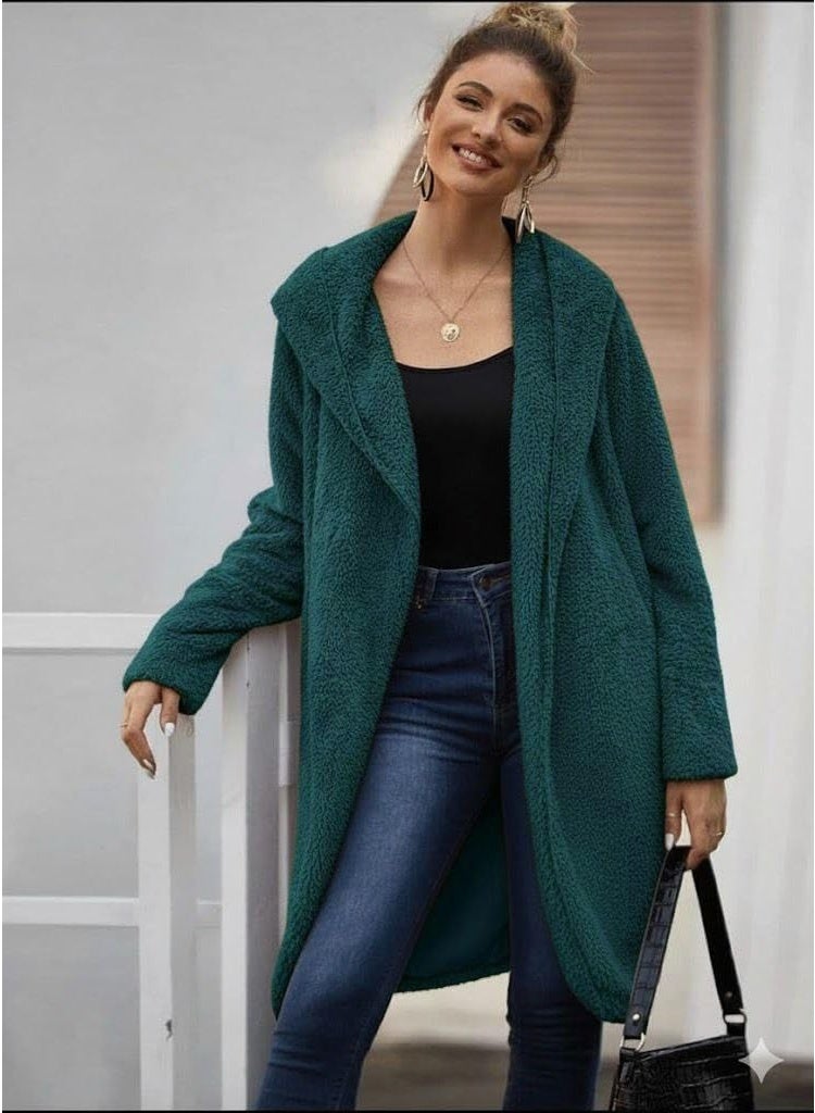 Solid Dual Pocket Open Front Teddy Coat (Teal) - Image 1